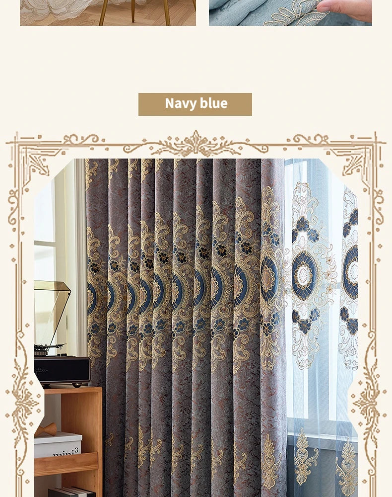 New European Style Simple light blue Thread Embroidered Curtains for Living Room Bedroom Study Blackout Curtain Customization