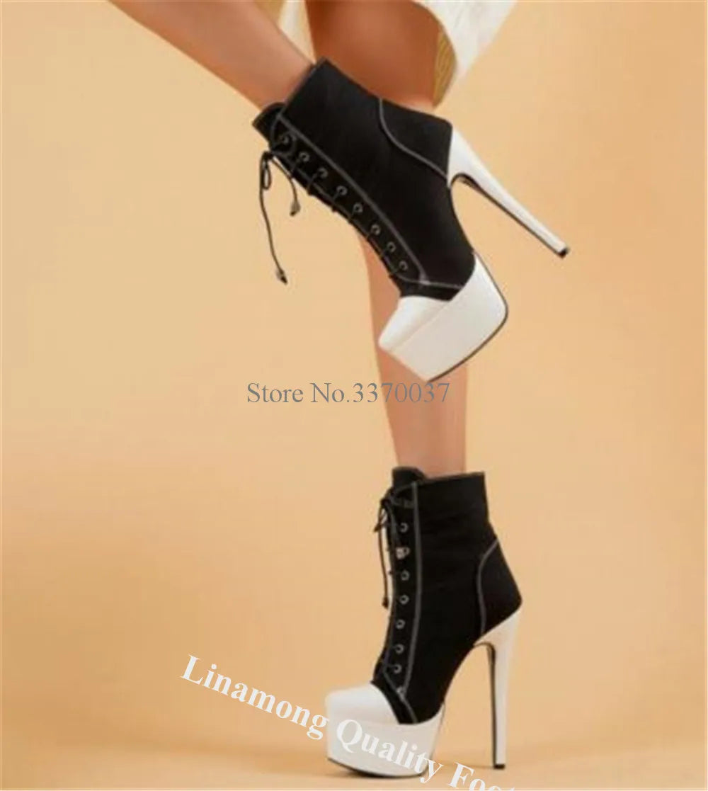 White-black High Platform Short Boots Linamong Western Style Round Toe Lace-up Stiletto Heel Ankle Booties Sexy Casual High Heel