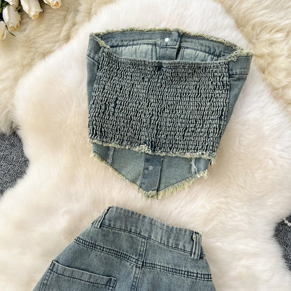 SINGREINY American Hot Girl Denim Suits Strapless Single Tassels Mini Irregular Tops+Holes Long Jeans Female INS Streetwear Sets