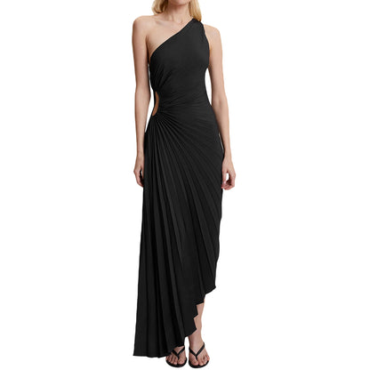 Women Elegant Long Dress Summer Sleeveless One-shoulder Pleated Hollowed Irregular Dress for Cocktail Party Beach Sundress Y2K