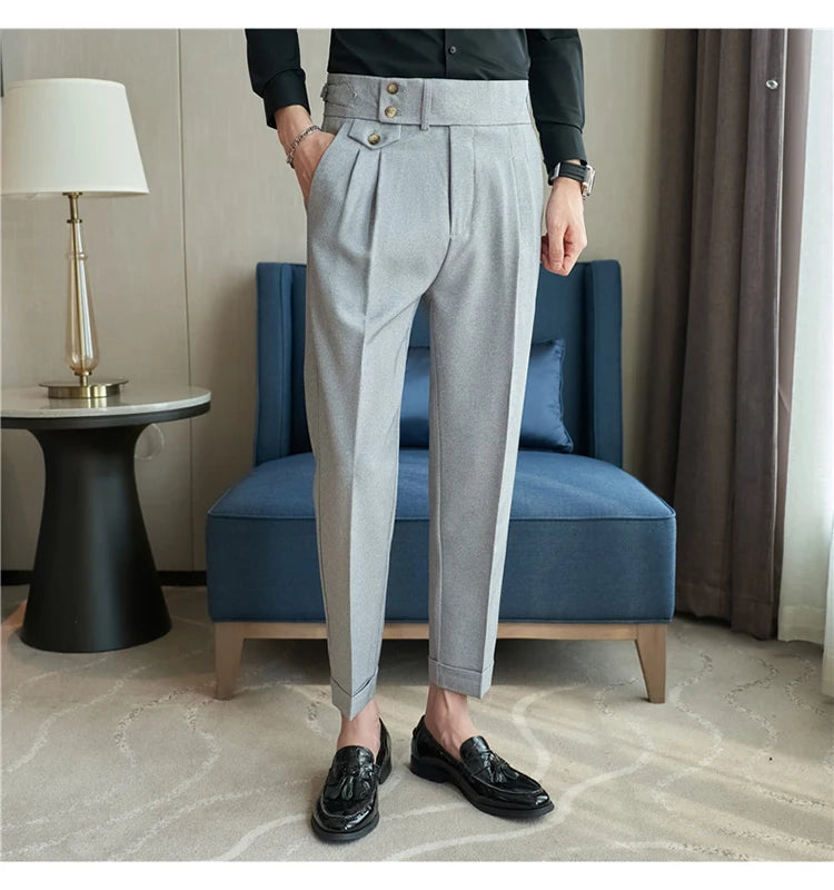 British Style Pants Men High Waist Belt Design Casual Slim Formal Office Dress Pant Men Social Wedding Party Dress Suit Trousers