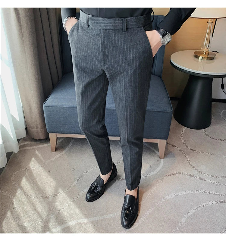 British Style Striped Slim Fit Suit Pant Men Business Casual Simple Dress Pants High Quality Social Wedding Party Trousers 38-28