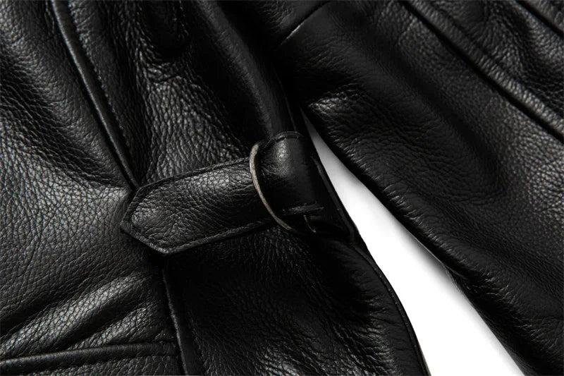 Pure Top Layer Cowhide Genuine Leather Jacket Men's Slim Fit  Lapel Motorcycle Jackets Classical Black Zipper Leather Coat