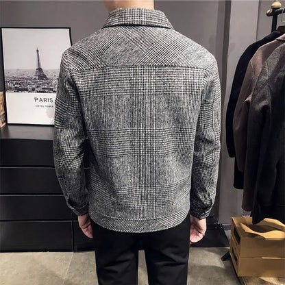 2024Autumn/Winter Men Polo Neck Woolen Jacket Fashion Slim Fit Suit Coat HighQuality Checkered Multi Pocket Korean Casual Jacket