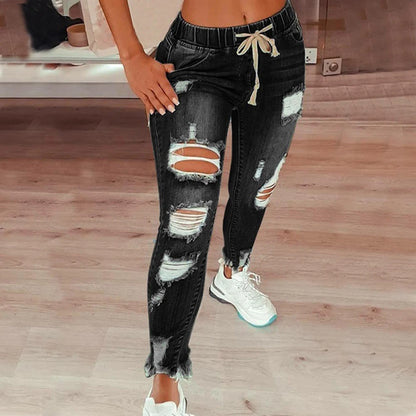 Plus Size High Waist Ripped Denim Trousers Women Clothing 2025 Fashion Korean Casual Slim Large Size Jeans Oversized Pants Leggi