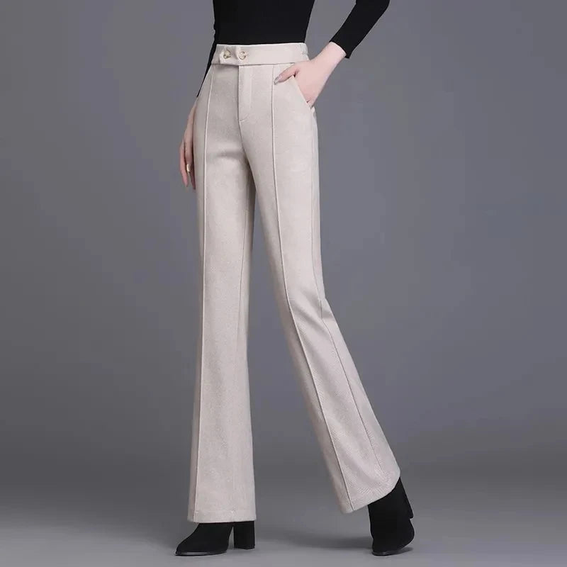 2024 Autumn Winter Women's Woolen Pants New Fashion High Waist Elastic Micro Flare Pants Slim Female Casual Wool Trousers 4XL