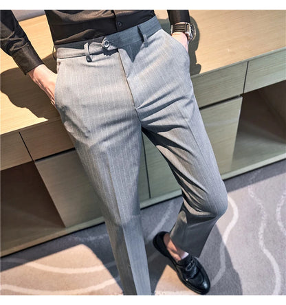 Autumn Winter Thickened Striped Suit Pant Men Business Slim Fit Long Pants Formal Office Social Party Casual Pants Streetwear