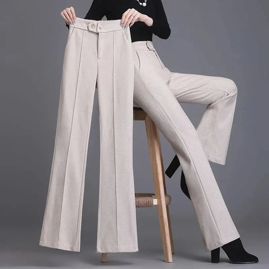 2024 Autumn Winter Women's Woolen Pants New Fashion High Waist Elastic Micro Flare Pants Slim Female Casual Wool Trousers 4XL