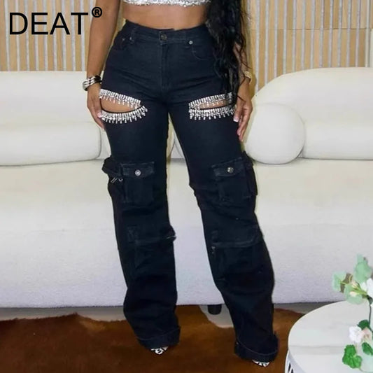 DEAT Fashion Women's Hollowed Out Diamond Denim Cargo Pants High Waist Multiple Pockets Elastic Jeans Female 2024 Autumn New