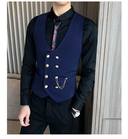 2025 Latest Style Double Breasted Men Suit Vest Gold Button Slim Fit Formal Groom Wedding Vest Streetwear Sleeveless Vest Jacket