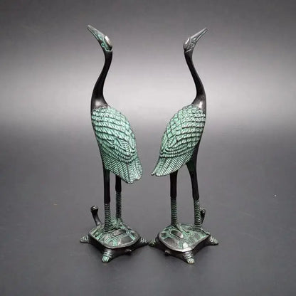 A Pair Of Hand Carved Collection Red-Crowned Crane & Tortoise Bronze Statue