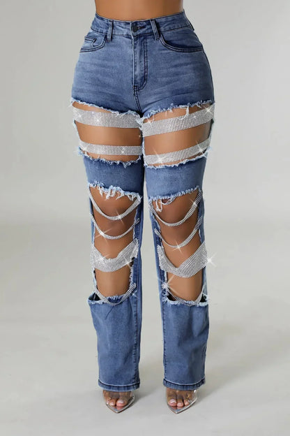 Spice Girl Summer Pants Ripped Heavy Industry Beaded Elastic Jeans Trousers Women JEANS