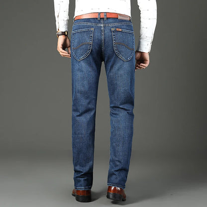 2024 Spring Autumn Office Business Jeans Men Classic Blue Cotton Stretch Straight-leg Denim Pants Male Brand Trousers