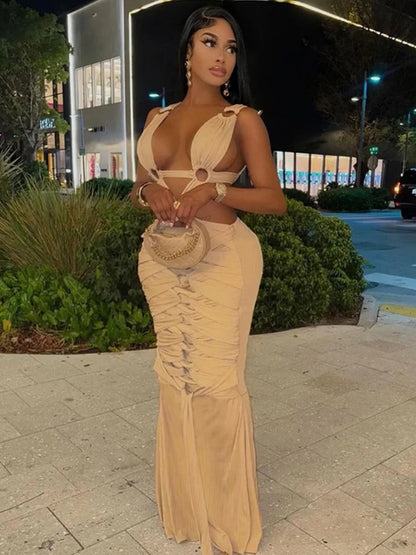 Joskaa Sexy Bandage Cross Hollow Maxi Dress Women  V-Neck Backless Backless Elegant Party Dresses Birthday Clubwear Summer 2024