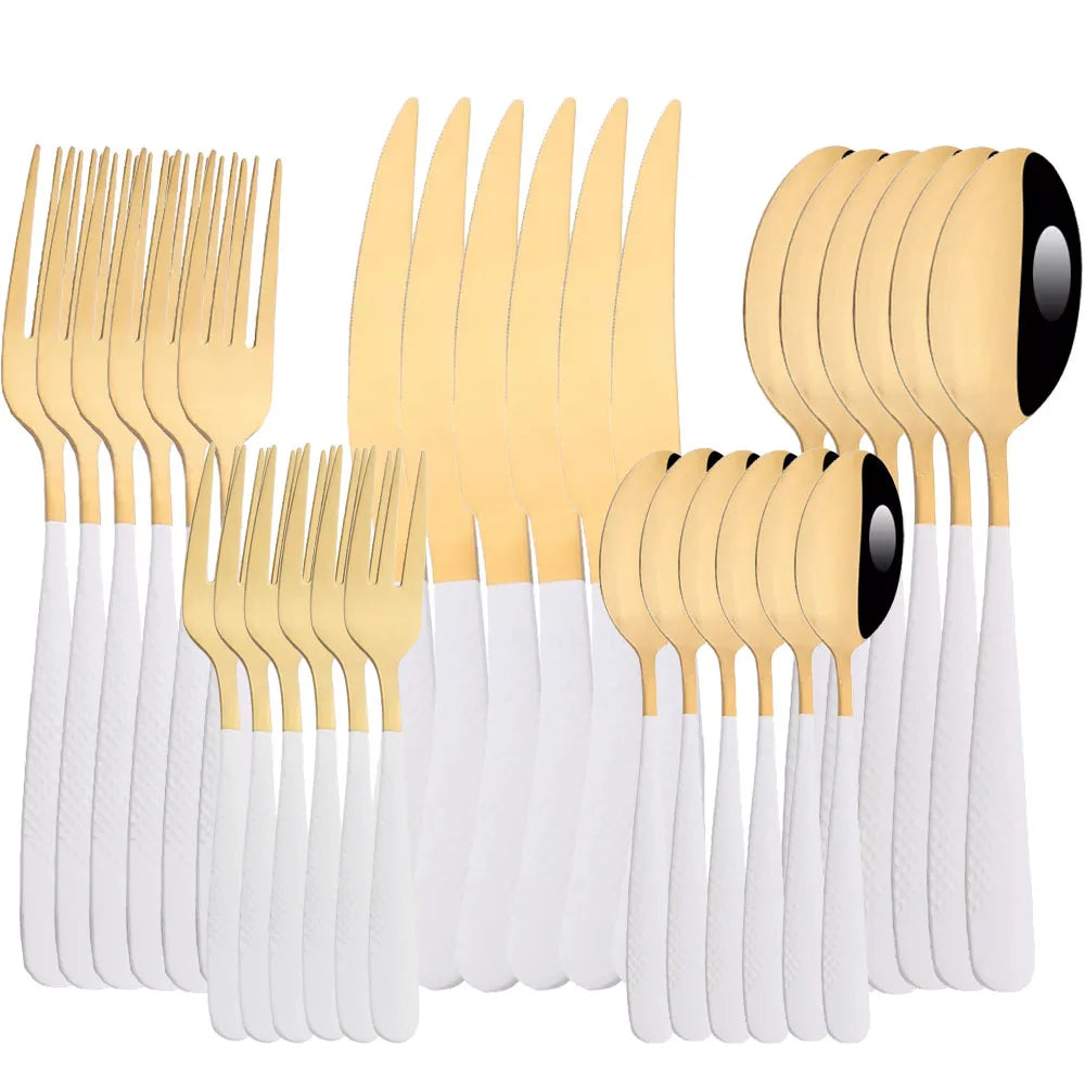 AJOYOUS 30Pcs Dinnerware Set Steak Knives Fork Tea Spoon Cutlery Set Stainless Steel Western Flatware Kitchen Tableware