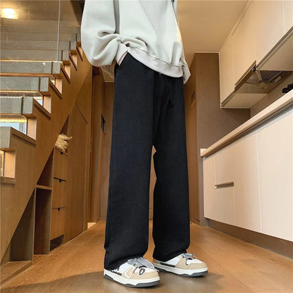 Korean Men's Casual Hip Hop Long Baggy Jeans Classic Man Straight Wide Leg Denim Pants Light Blue Grey Black Streetwear Trousers