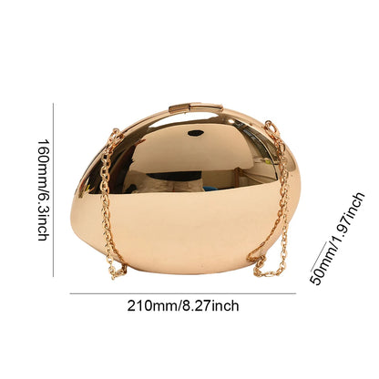 Women Metal Evening Bag with Chain Shoulder Bag Reflective Oval Shaped for Wedding Cocktail Prom Small Party Night Purses