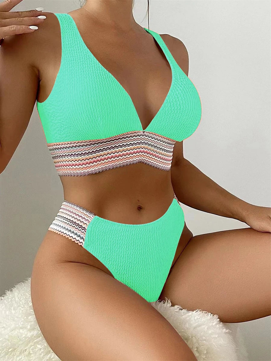 2024 Sporty Deep V Bikini Ribbed Swimsuit Solid Women Sexy Swimwear Female Bathers Bathing Swimming Swim Suit Beachwear