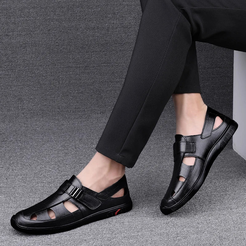 New Genuine Leather Men Black/brown Sandals Dress Shoes Summer Beach Shoes Business  Breathable Hollow Out Flat Casual Sandals