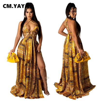 CM.YAYA Women Long Dress Print Sleeveless Halter Bandage Hollow Out Splited Maxi Dresses Sexy Night Party Vestidos Summer Outfit