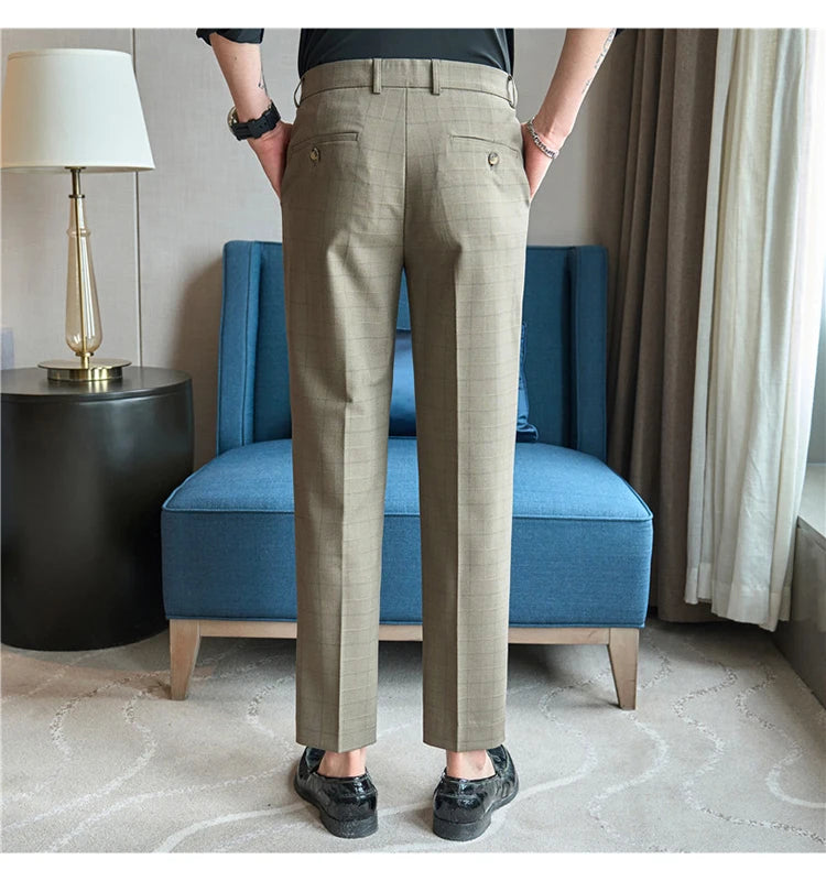 Men Plaid Suit Pants 2024 Autumn Item Solid Casual Dress Pants Elastic Slim Fit Formal Trousers Men Clothing pantalones hombre