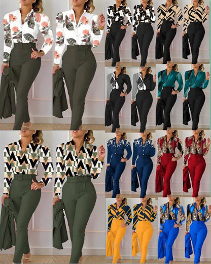 Elegant Women Two Piece Set Suits Fall New Fashion Print Long Sleeve Top Solid Color Pants Set With Belt  Blouses Female Clothes