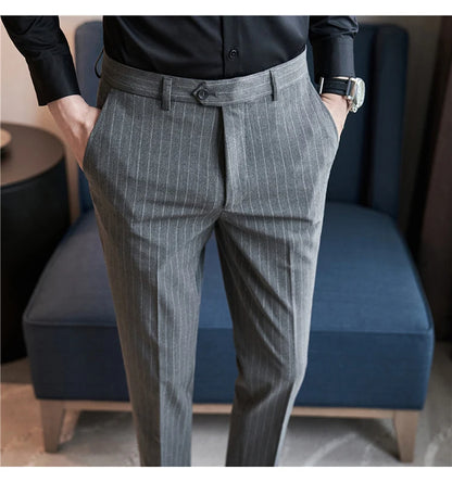 Autumn Winter Thickened Striped Suit Pant Men Business Slim Fit Long Pants Formal Office Social Party Casual Pants Streetwear