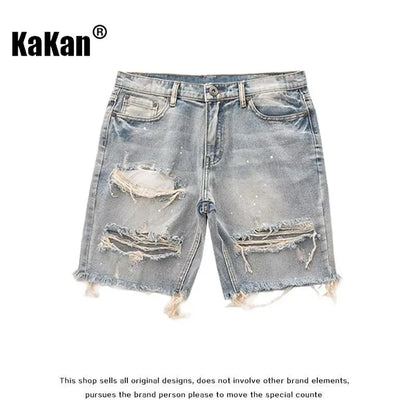 Kakan - New Summer Distressed Denim Shorts for Men, Korean Youth Popular Slim Fitting Small Leg Quarter Pants Jeans K58-DK322