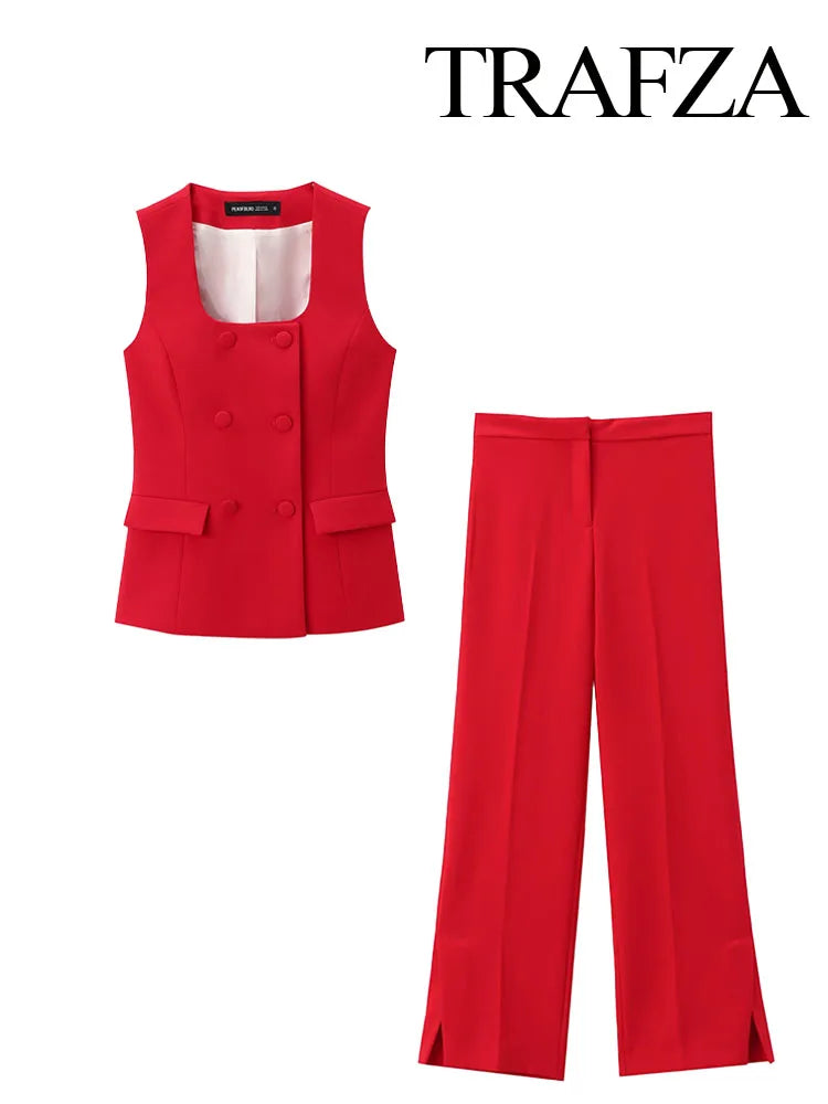 TRAFZA Women Summer Fashion Suits Red Square Neck Sleeveless Pockets Double Breasted Waistcoat Top+Mid-Waist Slit Stralght Pants