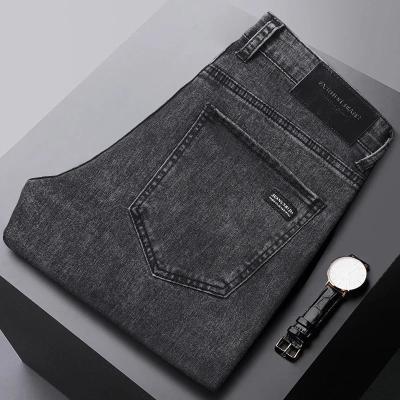 New Men's Stretch Grey Jeans Classic Slim Business Fashion Black Elasticity Denim Pants Male Brand Casual Trousers