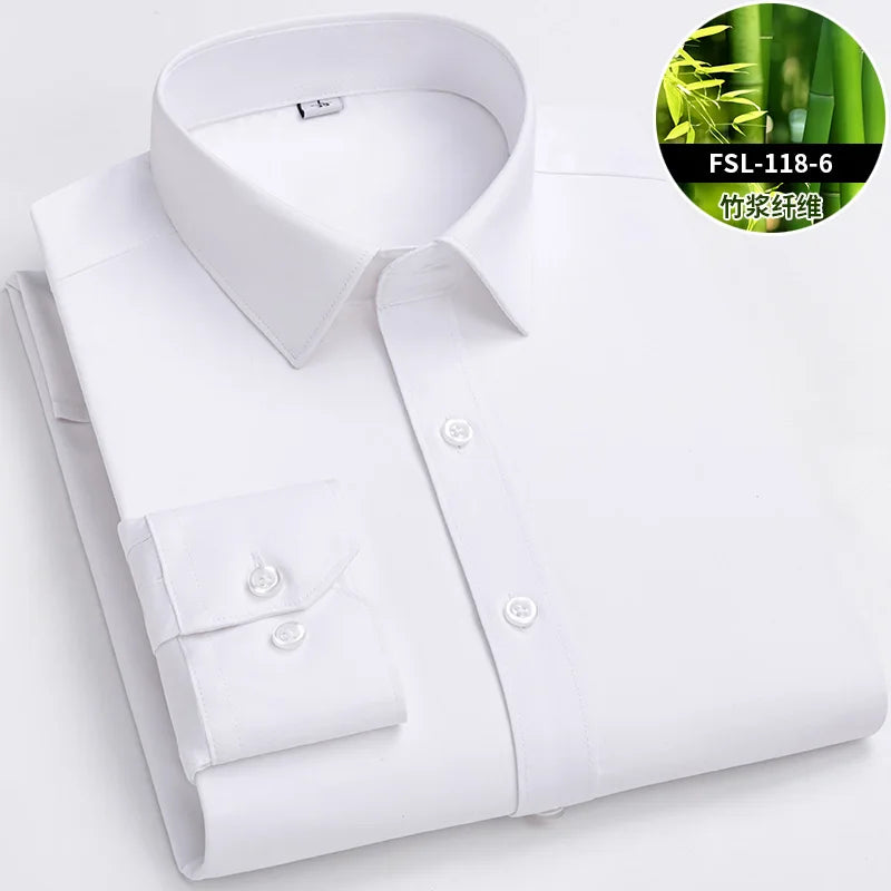 Quality Stretch Men Shirt Bamboo Fiber Long Sleeve Anti-wrinkle Non-ironing Slim Fashion Casual Business Office White Shirt