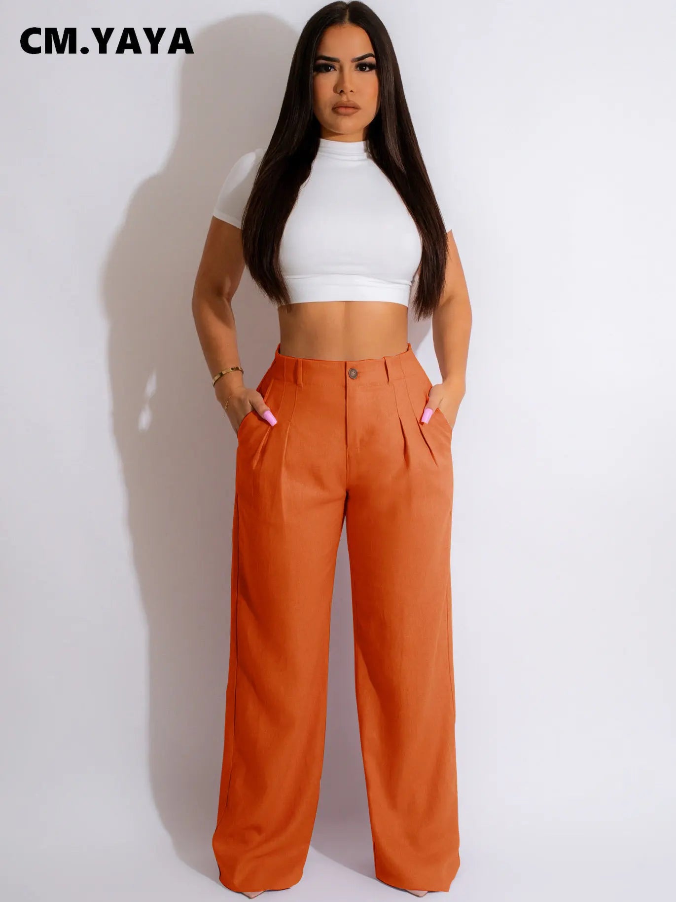 CM.YAYA Fashion Women Straight Wide Leg Zipper Fly Draped High Waist Tailored Trousers 2023 Summer OL Work Street Pants