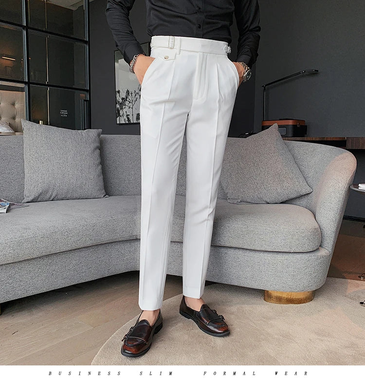 British Style New Solid High Waist Suit Pant Men Business Formal Wear Trousers 2024 High Quality Slim Casual Office Suit Pants