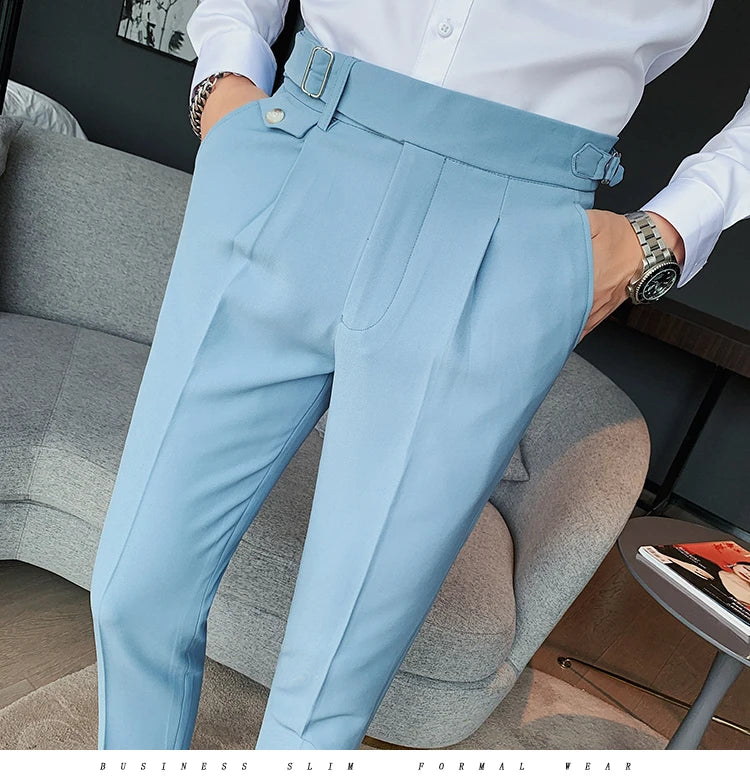 British Style New Solid High Waist Suit Pant Men Business Formal Wear Trousers 2024 High Quality Slim Casual Office Suit Pants