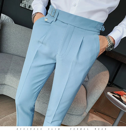 British Style New Solid High Waist Suit Pant Men Business Formal Wear Trousers 2024 High Quality Slim Casual Office Suit Pants