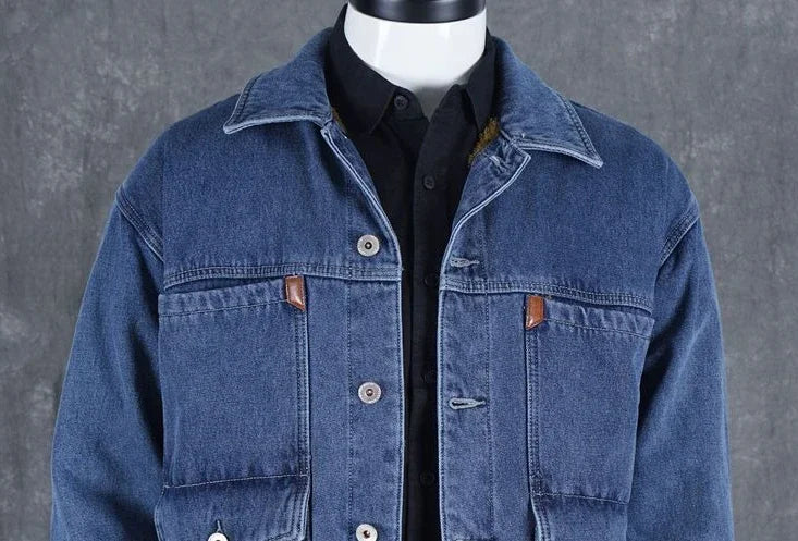 Men's Denim Jacket Padding Wool Male Jean Coats Elatic Black with Sheep Padded Warm Wide Shoulders One Piece Cheap Price Stylish