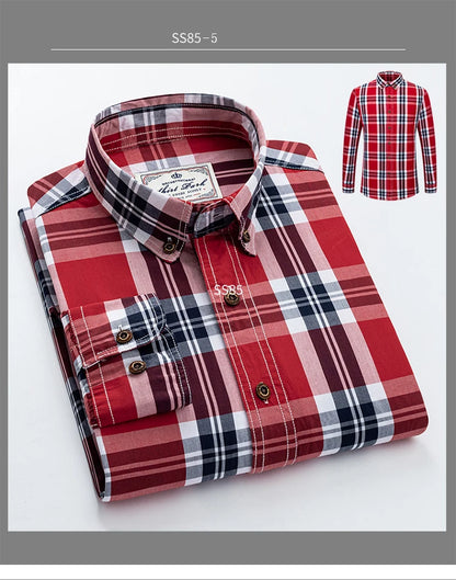 Men's Plaid Checkered Long Sleeve Shirts Contrast Color No Pocket Comfortable 100% Cotton Casual Standard Fit Button Down Shirt