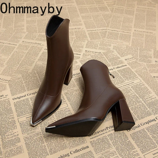 Designer Pointed Toe Women Modern Ankle Boots Square High Heels Short Booties Concise Office Lady Shoes