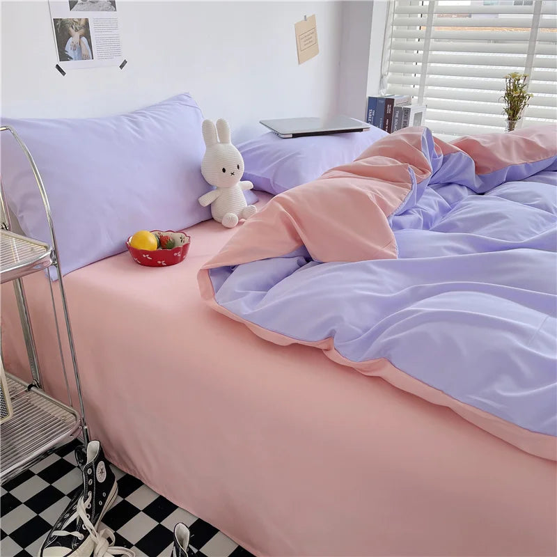 Simple Style 100% Washed Cotton Duvet Cover Queen King 3 Pieces Solid Color Bedding Set, 1 Quilt Cover and 2 Pillowcases, Purple