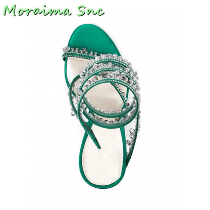 Sexy Luxury Crystal Bling Winding Sandals Stiletto High Heel Open Toe Green Solid Women Wedding Shoes Summer Dress Runway New