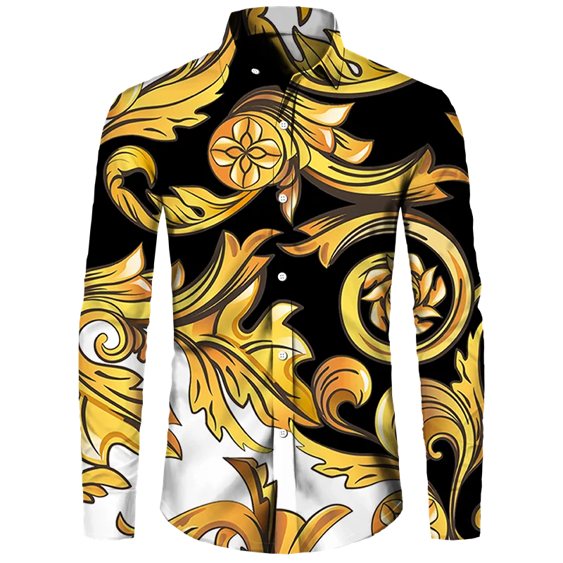 Golden Flower Pattern Print Men's Shirts Casual Single-Breasted Cardigan Long Sleeve Shirt Fashion Trend Tops Men Clothing