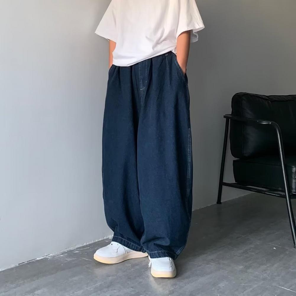 1Pc Trendy Oversize Jeans Zipper Fly/Drawstring Dressing Up Brushed Pants Thin Baggy Jeans Retro Wide Leg Man Pants Men Clothing