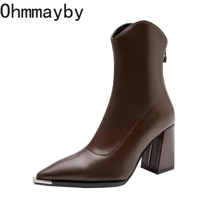 Designer Pointed Toe Women Modern Ankle Boots Square High Heels Short Booties Concise Office Lady Shoes