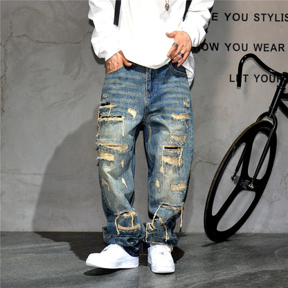 Mens Ripped Baggy Jeans Distressed Denim Streetwear Skateboard Pants Straight Leg Patchwork Oversized Urban Fashion Workwear