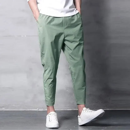 Summer Casual Men's Straight-leg Cropped Pants Ice Silk Elastic Small Foot Trendy Sports Korean Style Youth Pants