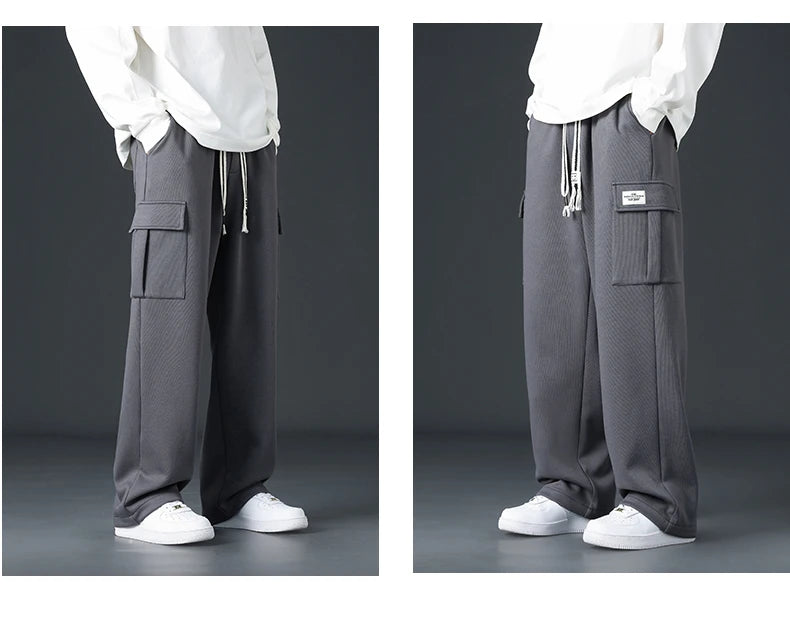 Mens Sweatpants Straight Fit Joggers for Sports and Streetwear Loose Oversized Drawstring Long Pants Men Multi-pocket Pants