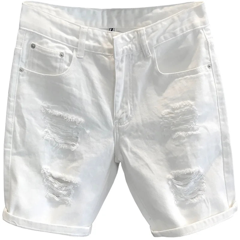 Summer Men's White Ripped Jeans Shorts Soft and Comfortable Stretch Casual Distressed Washed Cowboy Denim Jeans Male Short Pants