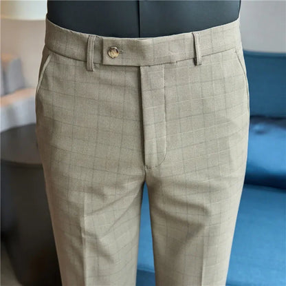 Men Plaid Suit Pants 2024 Autumn Item Solid Casual Dress Pants Elastic Slim Fit Formal Trousers Men Clothing pantalones hombre