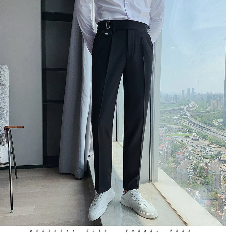 British Style New Solid High Waist Suit Pant Men Business Formal Wear Trousers 2024 High Quality Slim Casual Office Suit Pants