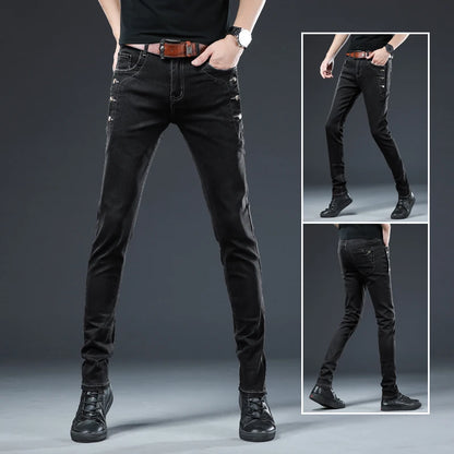 Trendy Men Clothing Slim Button Black Jeans Solid Color Stretch Skateboard Multi-button Youth Male Skinny Denim Pants